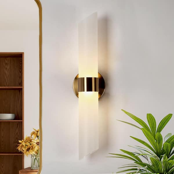 Uolfin 21.3 in. H 1-Light Mid-Century Modern Brass Gold Dry-Rated Wall Sconce Integrated LED Light with Frosted Glass Shades