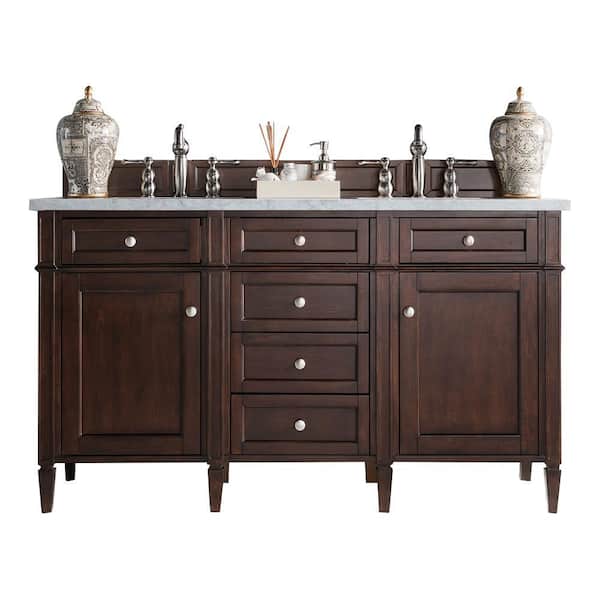 James Martin Vanities Brittany 60 in. W x 23.5 in.D x 34 in. H Double Vanity in Burnished Mahogany with Solid Surface Top in Arctic Fall