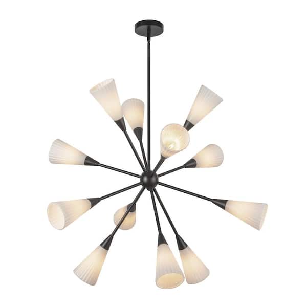 Cosmo 39-in 12 Light 60-Watt Matte Black/Glossy Ribbed Opal Glass Chandelier