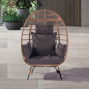 Light Brown Wicker Outdoor Patio Backyard Lounge Egg Chair with Dark Gray Cushions