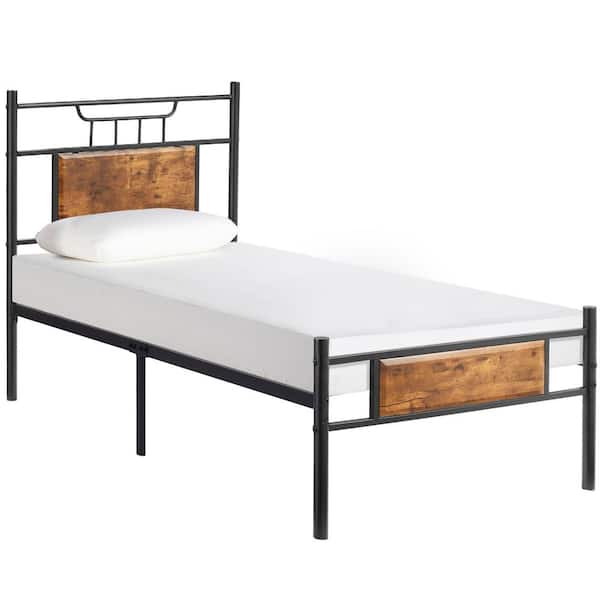 VECELO Twin Size Metal Platform Bed with Wood Headboard and Footboard Non-Slip without Noise Under Bed Storage Brown 39.4 in. W