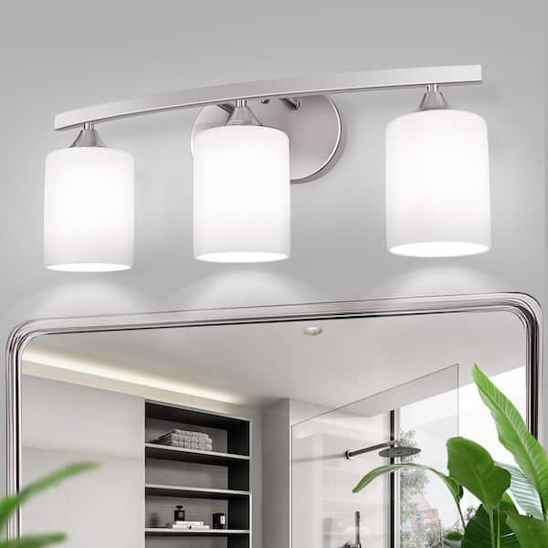 22 in. 3 Light Nickel Cylinder Vanity Light for Bathroom Bedroom with Curved Arms and White Glass Shades