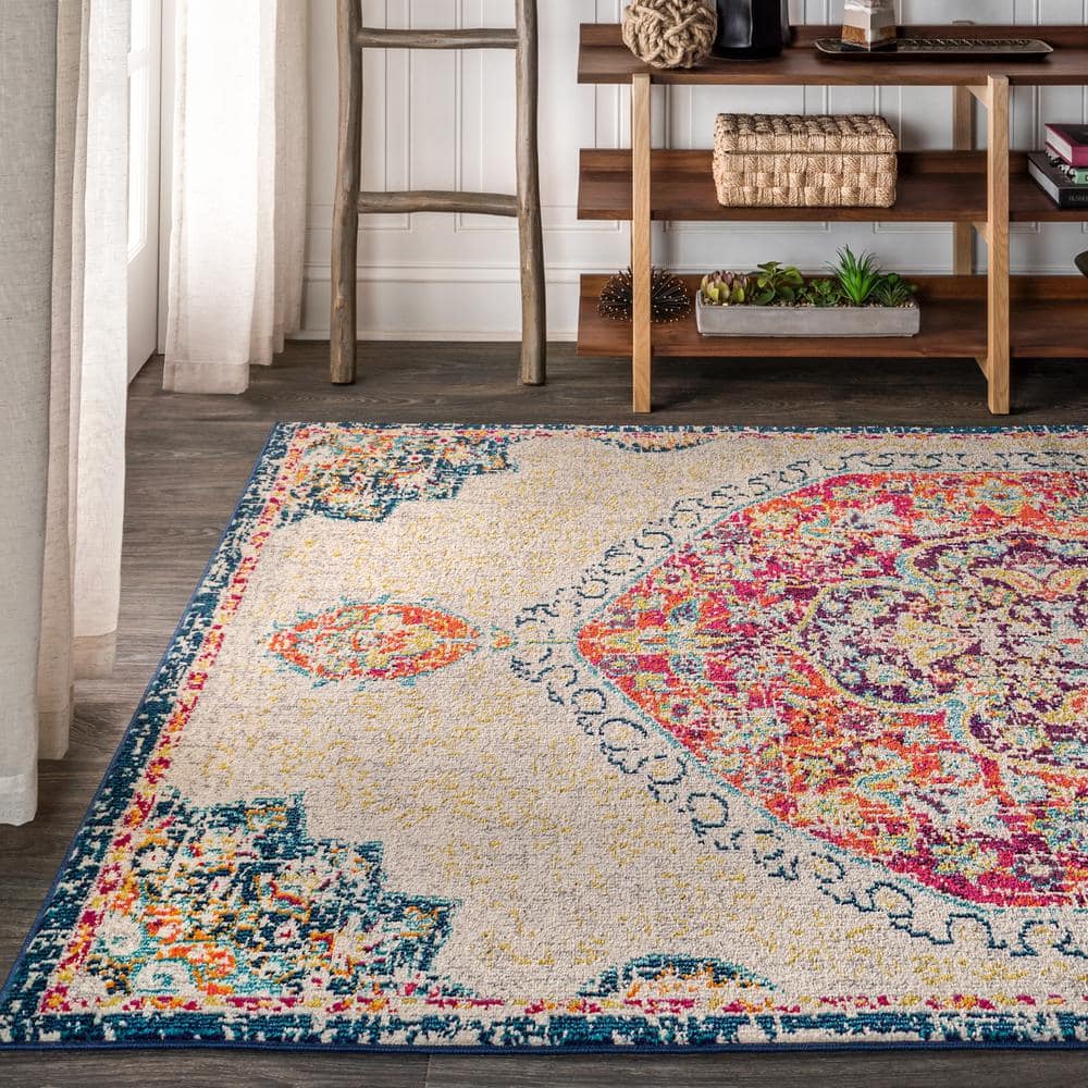 Cream and Orange Medallion Synthetic Reversible Area Rug, 3' x 5'