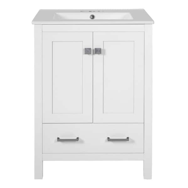 24 in. White Wood Rectangle Vessel Sink Bathroom Vanity Combo with 2 doors and 1 drawer