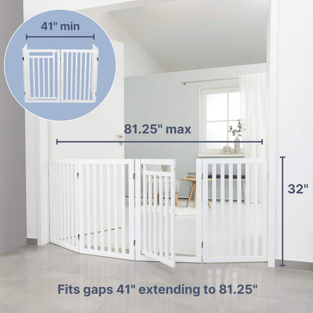 White Freestanding 4-Panel Wooden Pet Gate with Walk-Through Door