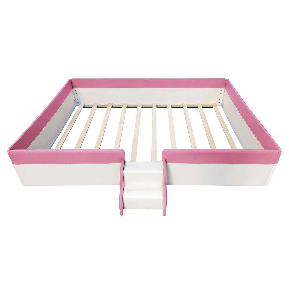 Queen size daybed with slatted frame and stairs in pink and white.