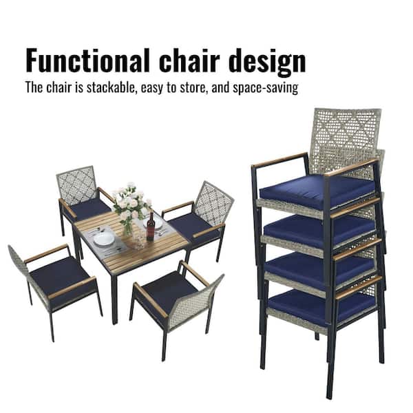 5-Piece Light Gray Wicker Outdoor Dining Sets with Acacia Wood Table Top Dining Table and 4 Chairs with Cushions in Blue