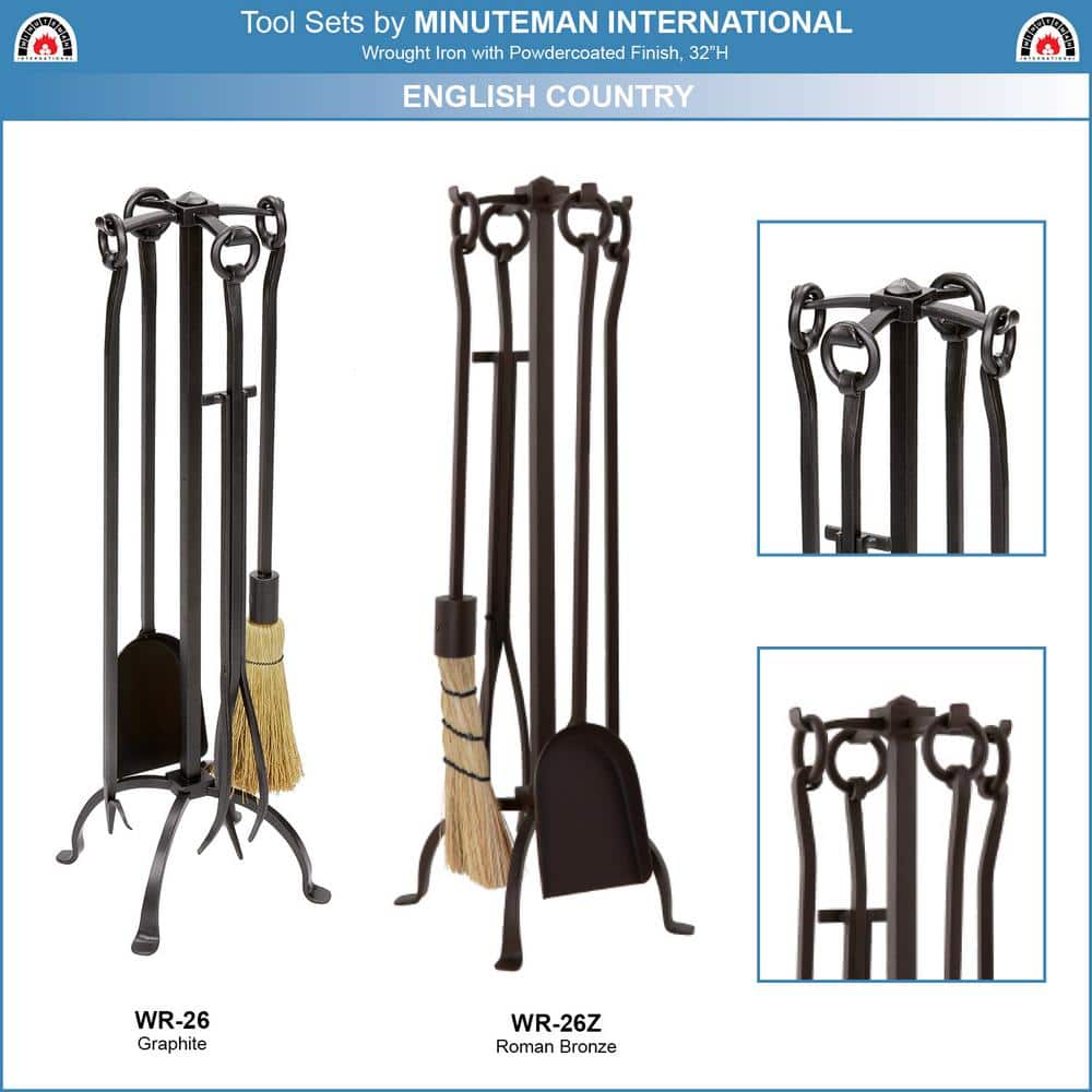 Graphite Wrought Iron 32" English Country Fireplace Tool Set