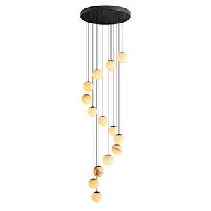 Modern 138 in. H 14-Light Black Globe Staircase Chandelier, Natural Alabaster Chandelier for High Ceiling, Foyer, Entry