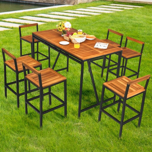 Clihome 7-Piece Acacia Wood Bar Height Outdoor Serving Bar Patio Rattan Bar Set with Umbrella Hole