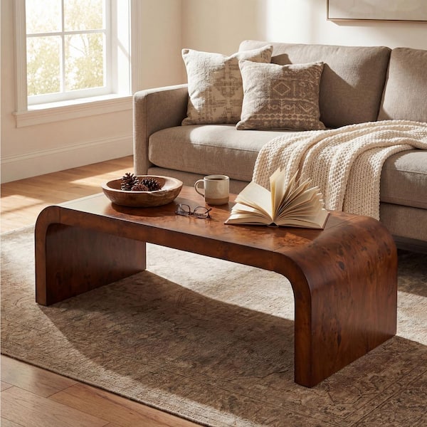 53.74 in. Walnut Modern Waterfall Rectangle Burl Wood Veneer Coffee Table, Contemporary Minimalist Center Table