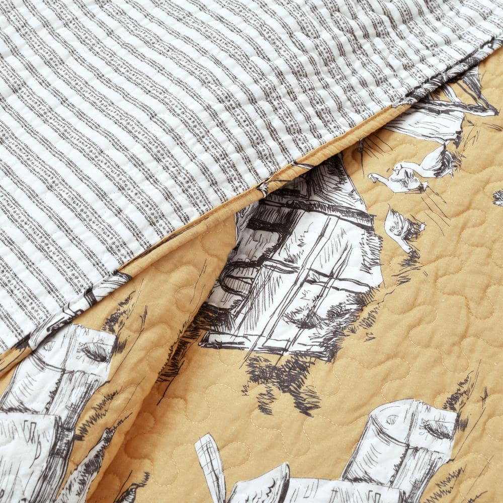 French Country Toile Yellow & White Cotton Full Quilt Set