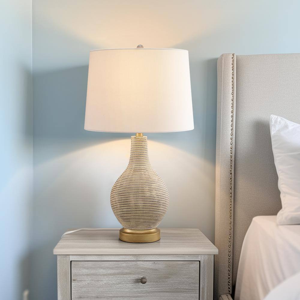 Elegant Beige and Gold 24.5" Farmhouse Table Lamp Set with White Linen Shades