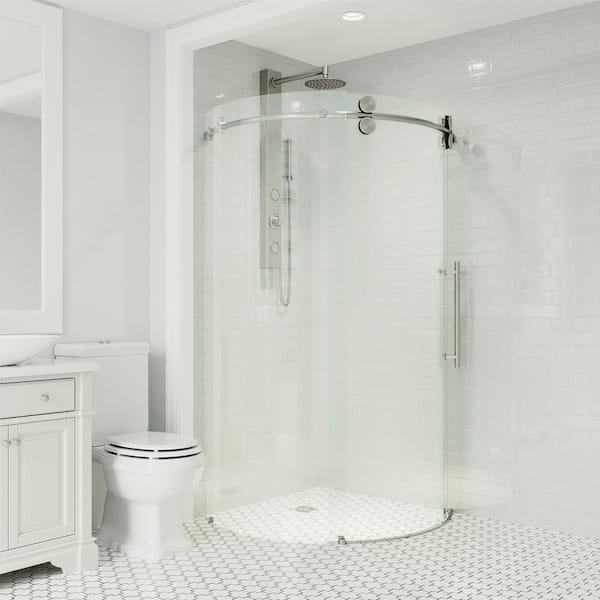 VIGO Sanibel 38 in. W x 75 in. H Round Sliding Frameless Corner Shower Enclosure in Stainless Steel with Right Side Opening