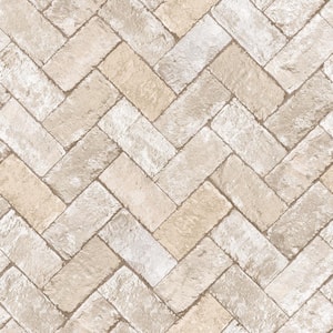 Herringbone Brick Beige/Grey Design Matte Finish Vinyl on Non-Woven Non-Pasted Wallpaper Roll