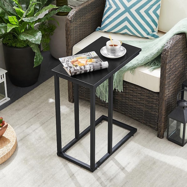 VECELO 11 in. W Black C-Shaped End Side Couch Table, Wooden Snack