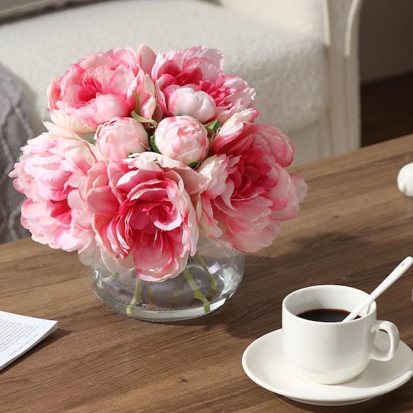 MOVECOM Faux 9.45 in. Pink Indoor Artificial Peony in Clear Vase