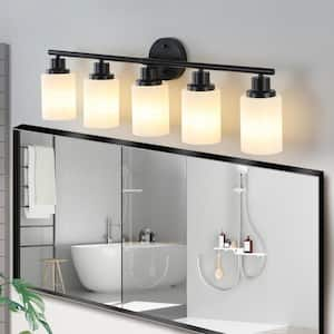 31 in. 5-Light Black Vanity Lights Fixture with Frosted Glass Shades and no bulbs Included