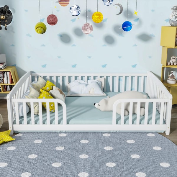 Gibbs White Wood Frame Full Size Floor Platform Bed with Central Entrance and Guardrails