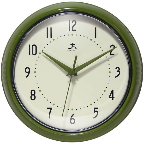 Retro Round Olive Green Aluminum Wall Clock, 9.5 in.