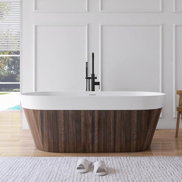 MEDUNJESS Maria 63 in. x 29.5 in. Stone Resin Solid Surface Flatbottom Freestanding Soaking Bathtub in Woodgrain and White