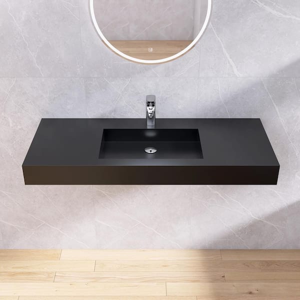 47 in. x 19 in. x 4 in. Solid Surface Wall-Mounted Bathroom Vessel Sink in Black with Faucet Hole