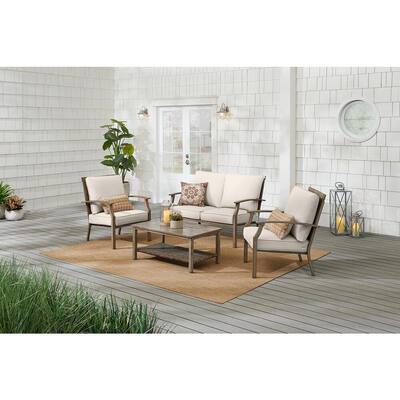 Geneva Brown 4-Piece Wicker Outdoor Patio Conversation Deep Seating Set with Almond Tan Cushions
