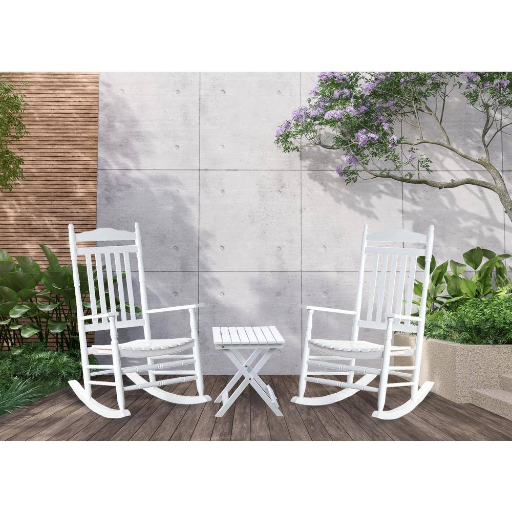 White Wood Traditional Outdoor Rocking Chair Set with Foldable Side Table