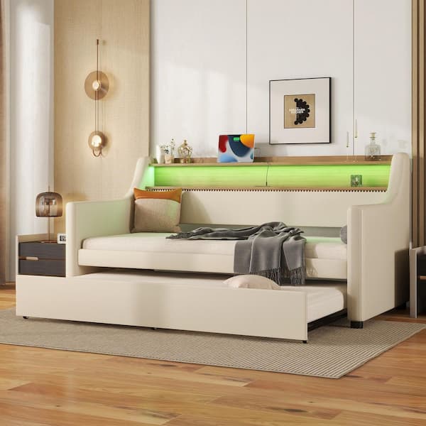 Beige Twin Size Daybed with Charging Station and LED Lights