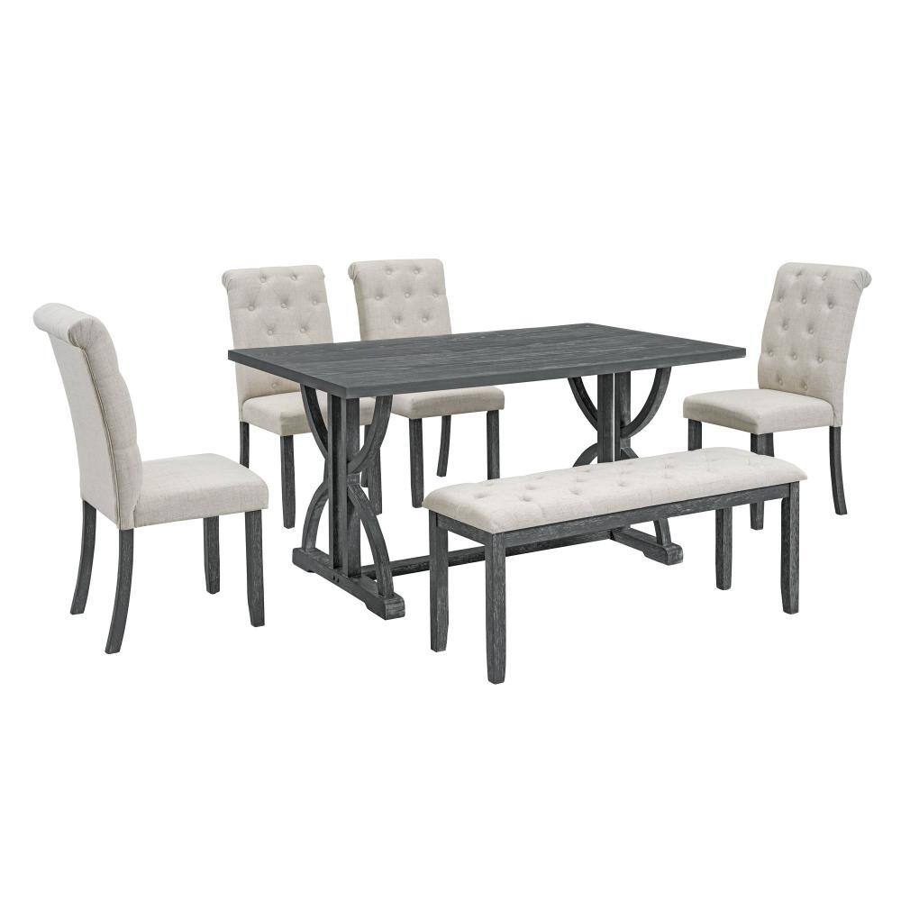 6-Piece Retro Rectangular Dining Table Set 59.8 in. Gray Wash LVL with 4 Upholstered Chairs & Bench