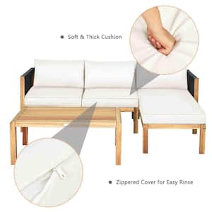 3-Piece Patio Acacia Wood Sofa Furniture Set Thick Cushion with Nylon Rope Armrest