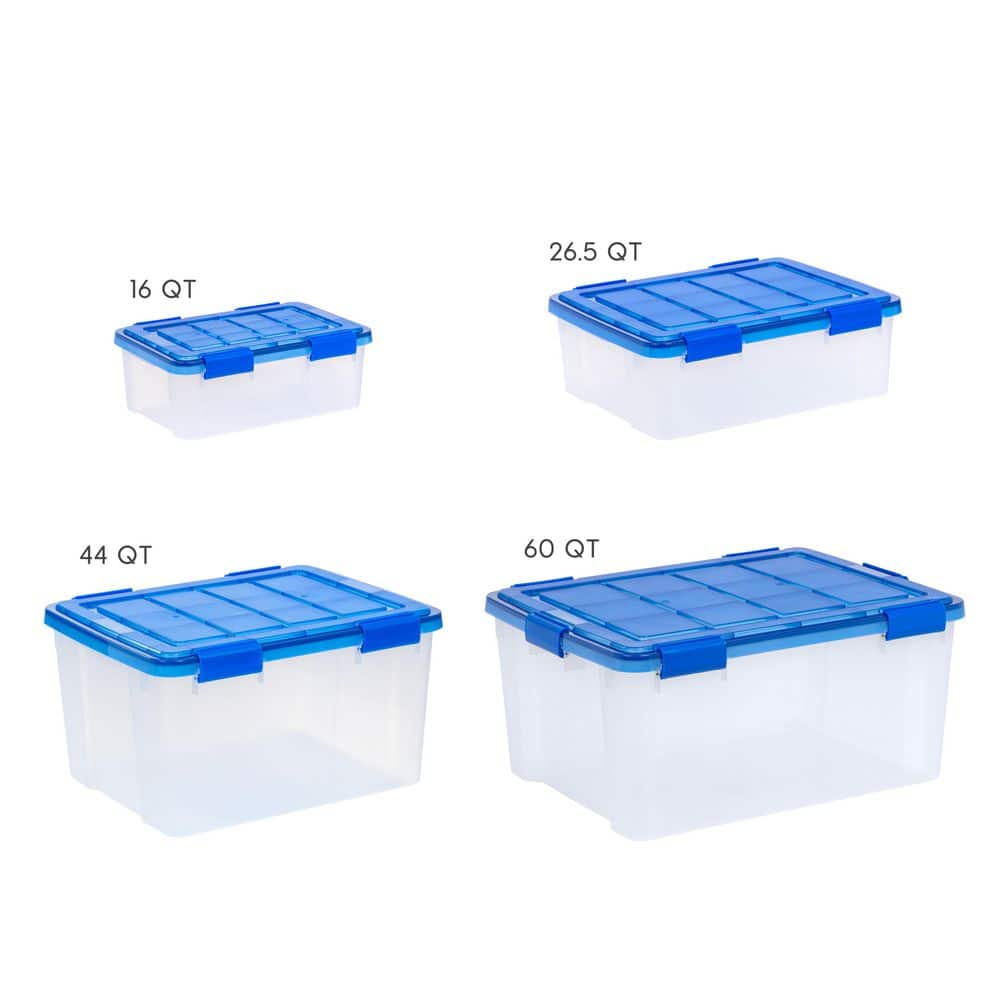Clear 60 Quart Stackable Plastic Storage Box with Blue Lid