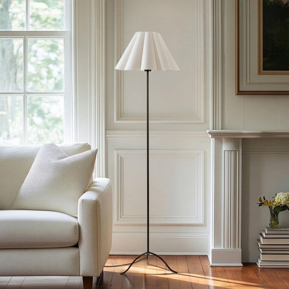 Lea 61 in. Oil Brushed Bronze Mid-Century Tripod 1-Light LED Color Adjusting Floor Lamp with Ivory Fluted Empire Shade