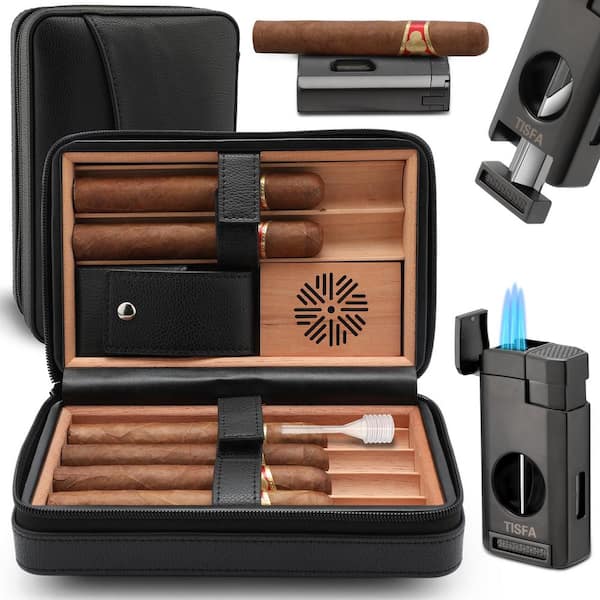 Angel Sar 3-in-1, Black Cigar Humidor, Portable Leather Cedar Wood Cigar Case with Cigar Lighter, V Cut Cigar Cutter, Cigar Holder