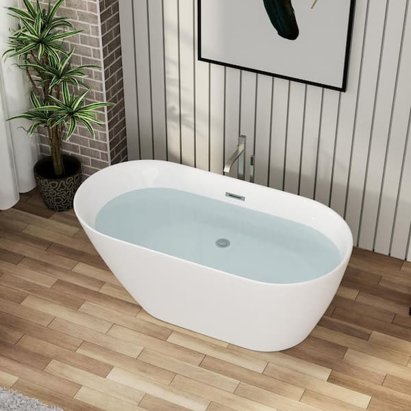 59 in. x 29.5 in. Soaking Bathtub with Center Drain in Gloss White with Chrome Overflow and Pop-Up Drain