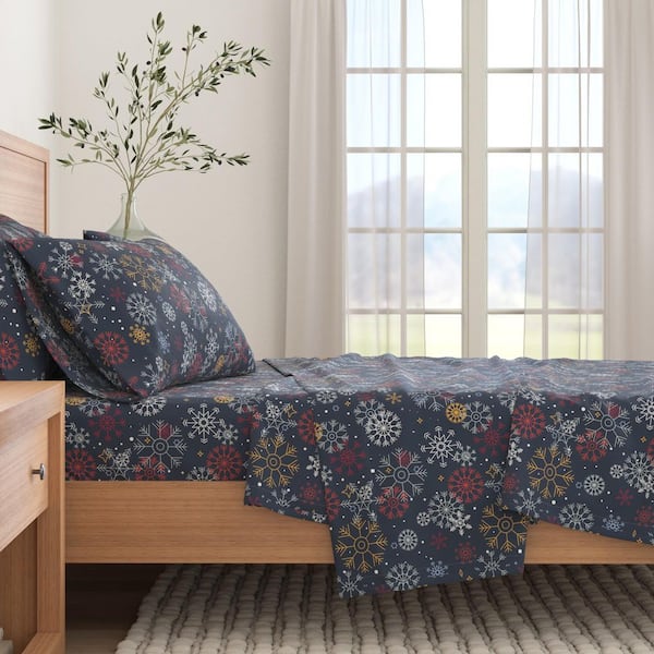 Blue 4-Piece Winter Printed Turkish Cotton Flannel Queen Sheet Set