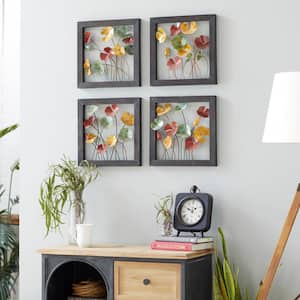 Metal Multi Colored Floral Wall Decor with Black Frame (Set of 4)