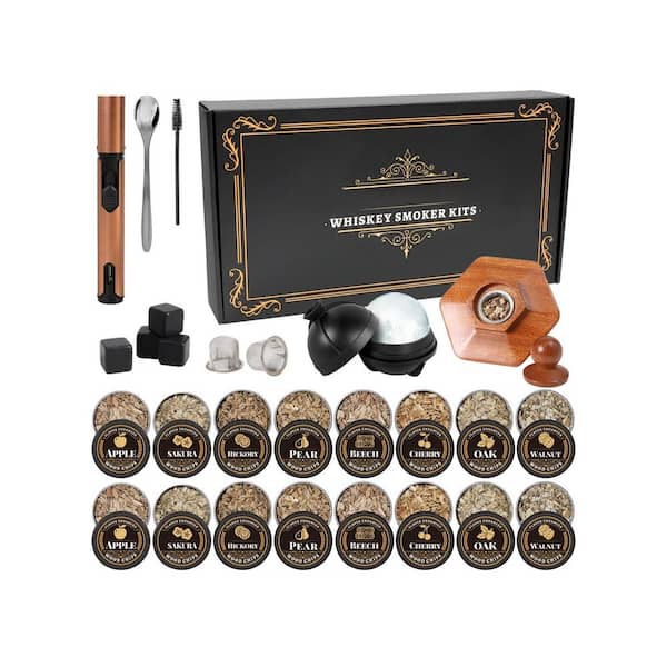 27-Piece Retro Brown Multi Wood Stainless Steel Whiskey Cocktail Smoker Infuser Gift Kit, Bar Accessories