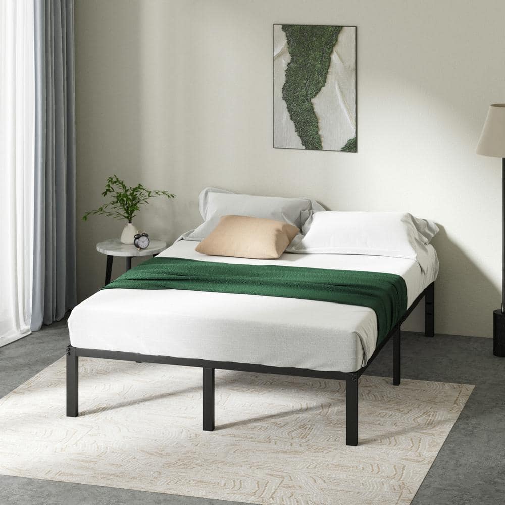 14-Inch Black Metal Queen Platform Bed Frame with Slats