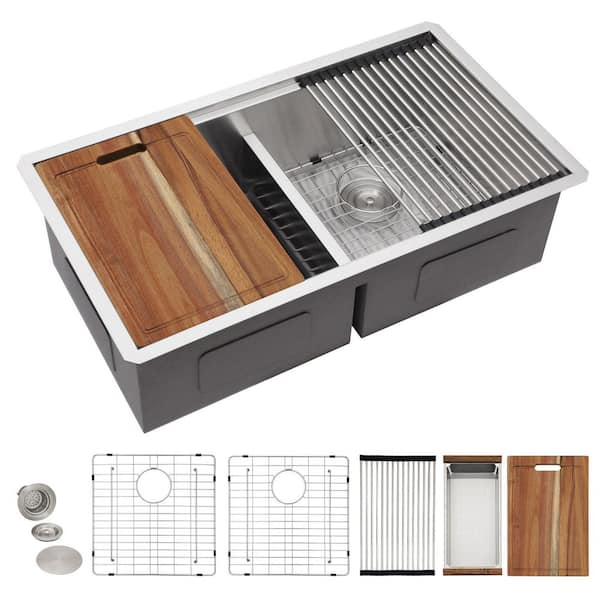 33 in. Undermount 50/50 Low-Divide Double Bowl sink, 16-Gauge T304 Stainless Steel Workstation Kitchen Sink Set