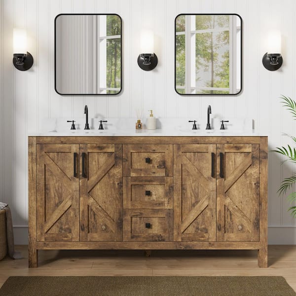 60 in. W x 22 in. D x 33.5 in. H 2-Sink Freestanding Bath Vanity in Walnut with White Engineered stone Top (Assembled)