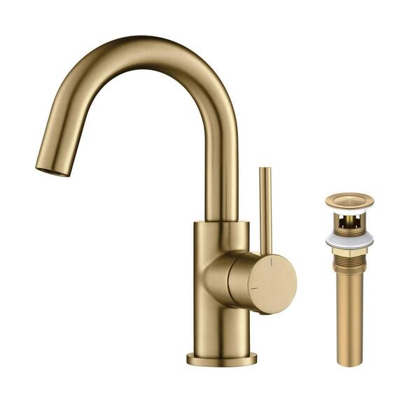 1- Handle 8.32 in. H Single Hole Bathroom Sink Faucet with Supply Lines and Pop-Up Drain in Brushed Brass