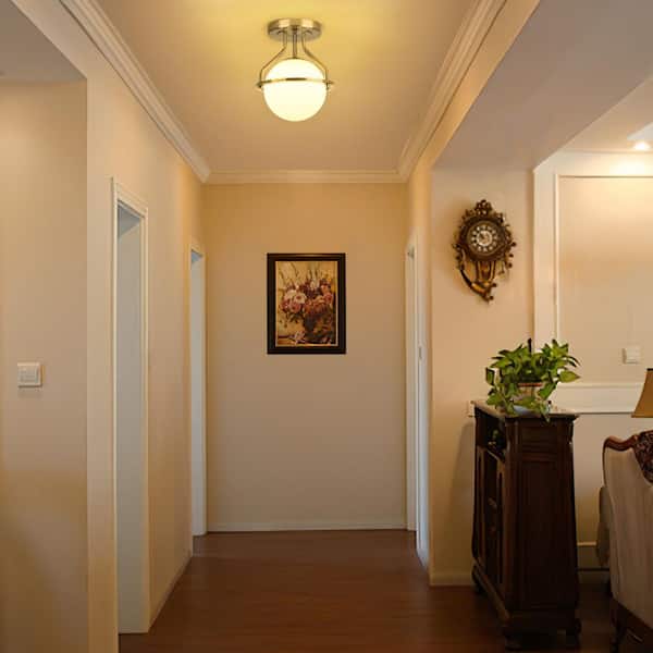 10 in. 1-Light Gold Semi-Flush Mount Ceiling Light Fixture with Milky Glass Globe Shade