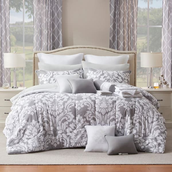 24-Piece Gray Damask Rosalia King Bed in a Bag Microfiber Comforter Set