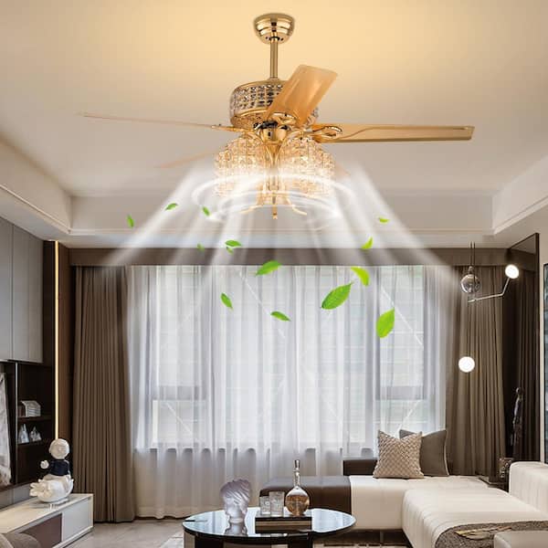 OUKANING 52 in. Indoor Gold Luxury Crystal 3-Speed Ceiling Fan