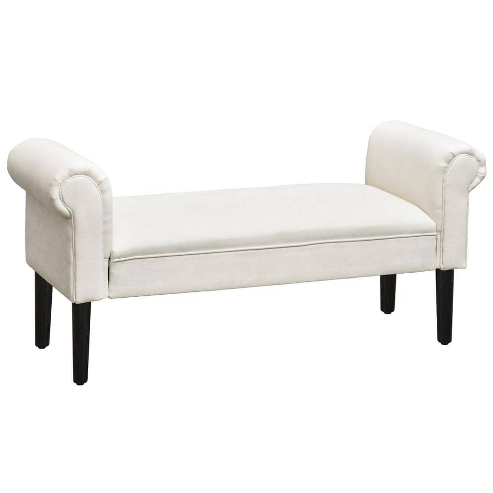 Cream White Linen Upholstered Ottoman Bench with Armrests