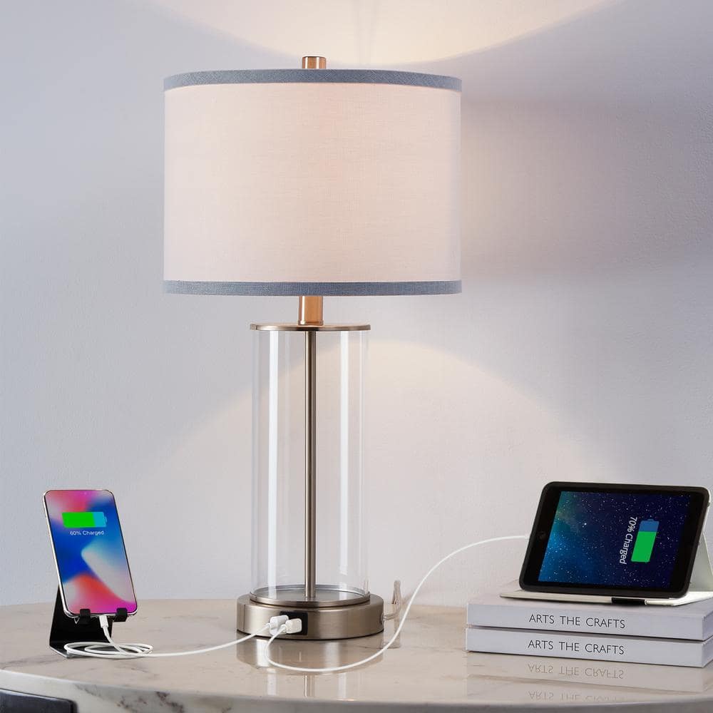 Brushed Nickel Glass Table Lamps with USB Ports and AC Outlet, Set of 2