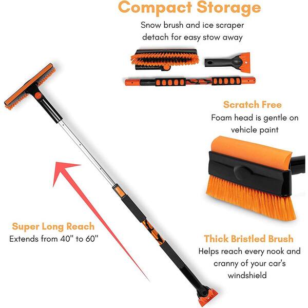 BIRDROCK HOME 60 Extendable Snow Brush with Detachable Ice Scraper for Car  | 14 Wide Squeegee & Bristle Head | Size: Truck, Car, SUV, & RV 