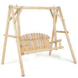 2-Person Wood Bench Swing with Outdoor Rustic Curved Back