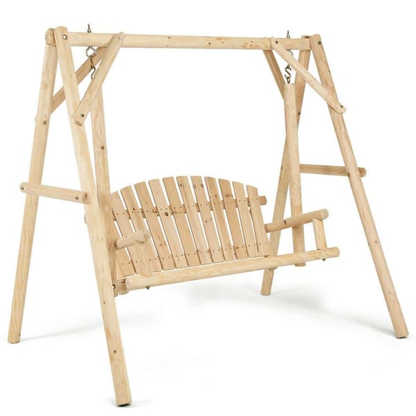 Unbranded 2-Person Wood Bench Swing with Outdoor Rustic Curved Back